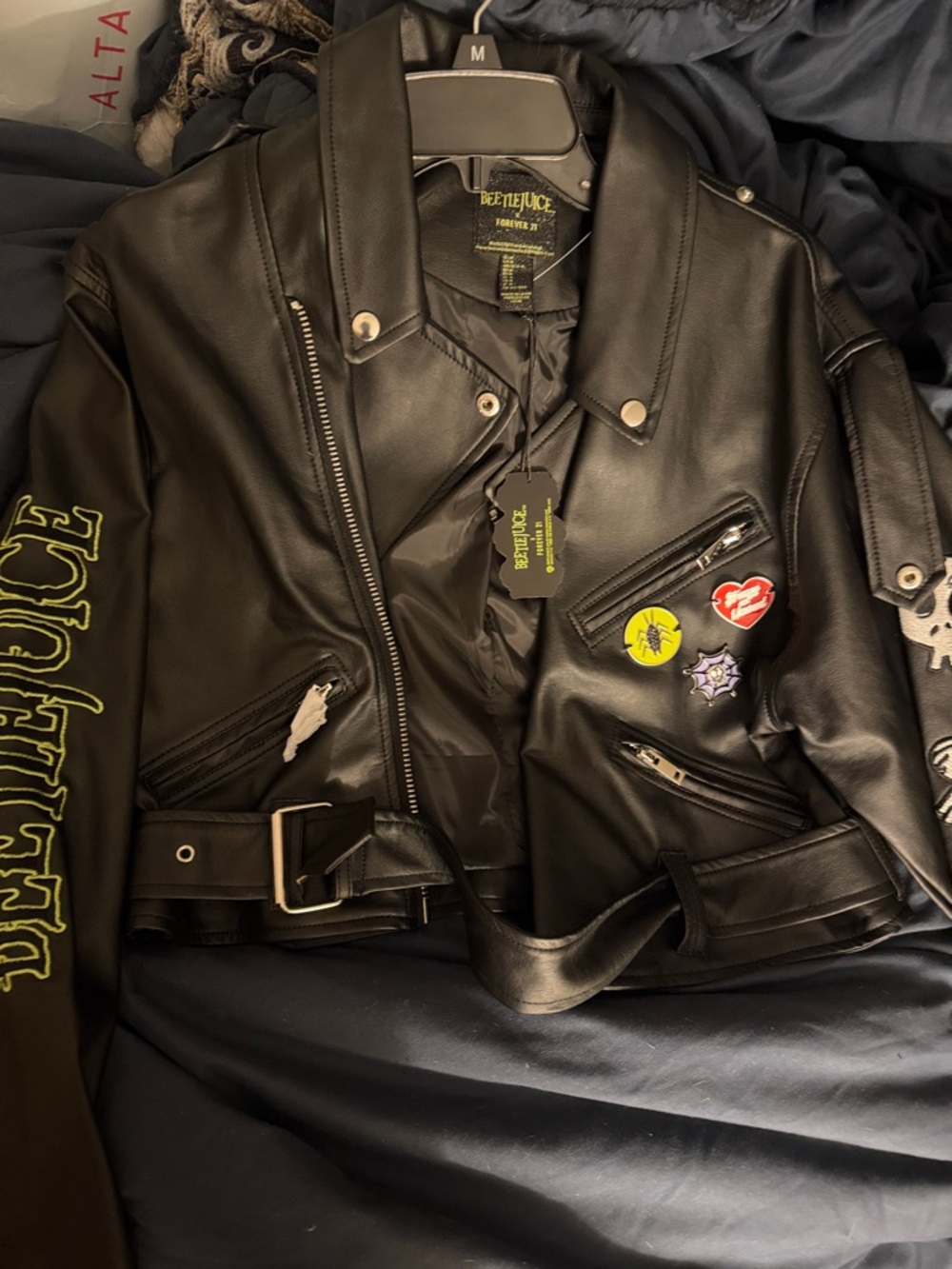 Forever 21 Black Faux Leather Biker Jacket with Colorful Enamel Pins embroidery